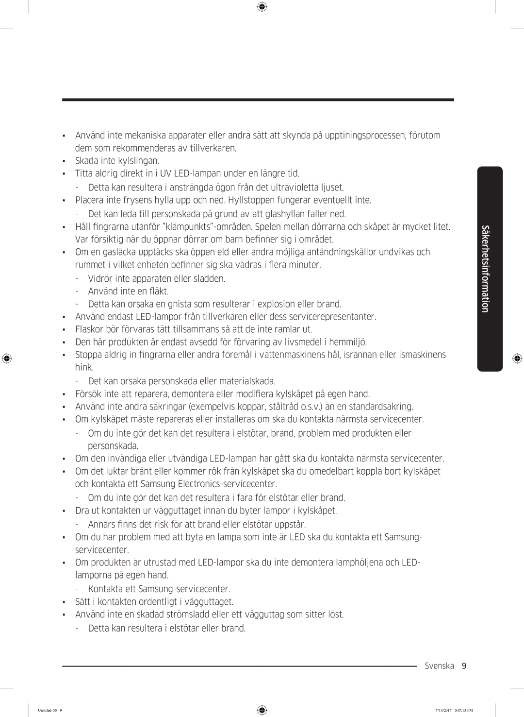 Samsung RH58K6697SL/EE manual Svenska 9  